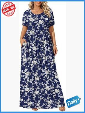 Plus Size Maxi Dress with Pockets Short Sleeve Summer Casual